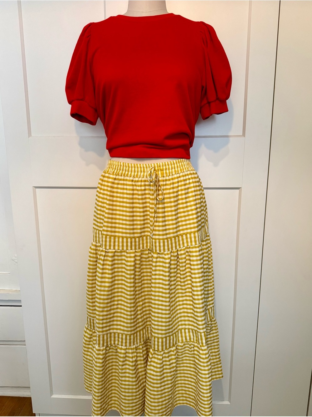 & Merci Tiered Yellow Gingham Midi Skirt